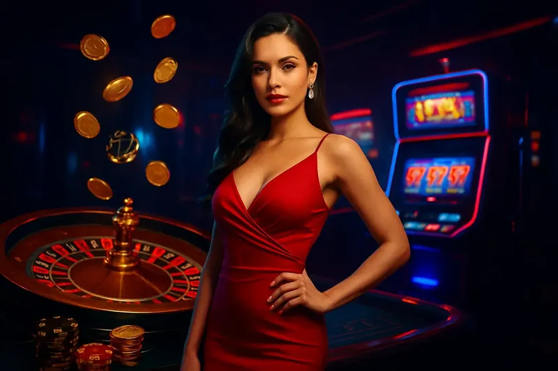Bangladesh casino homepage banner with woman in red dress, roulette and slots