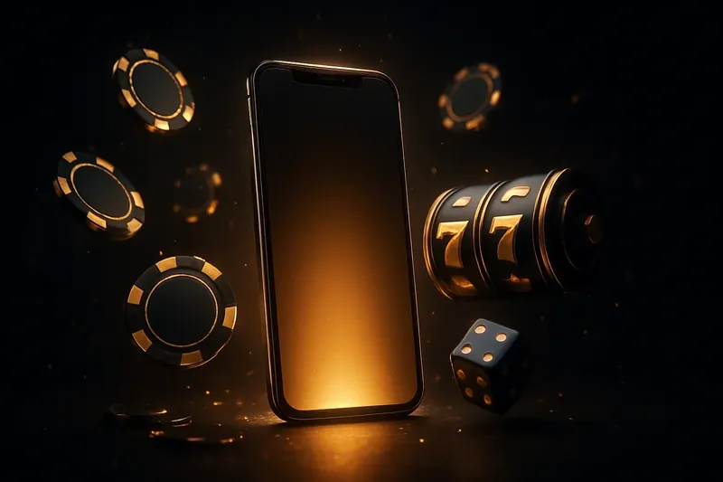 Panoramic banner with glowing smartphone, floating casino chips, dice, slot reels